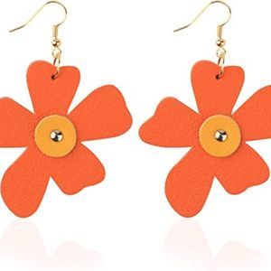 Women Girls-Genuine Leather Raffia Floral Drop Stud Flower Dangle Earrings